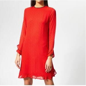 GANNI Mullin Georgette Red Polka Dot Long Sleeve Ruffle Hem Mini Dress Sz 2